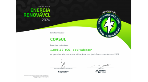 Coasul Recebe Certificado de Energia Renovável, Reforçando Compromisso Ambiental.